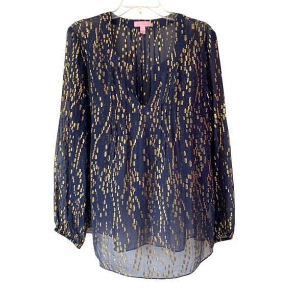 Lilly Pulitzer Silk Colby Navy Bubble Gold Dot blouse size large - Picture 2 of 8